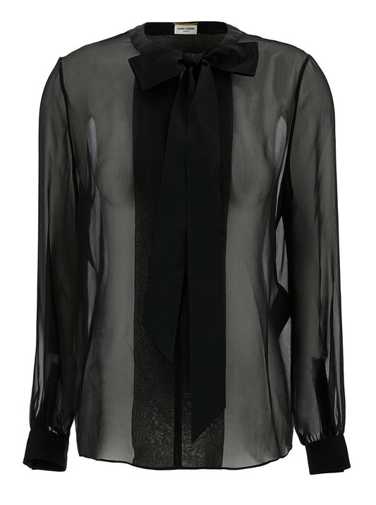 Saint Laurent Women Black Shirt With Bow Detail In Semi-Sheer Silk Woman