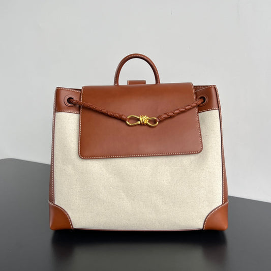 Bottega Veneta LARGE ANDIAMO BACKPACK 48 IN LIGHT WOOF CALFSKIN AND CANVAS