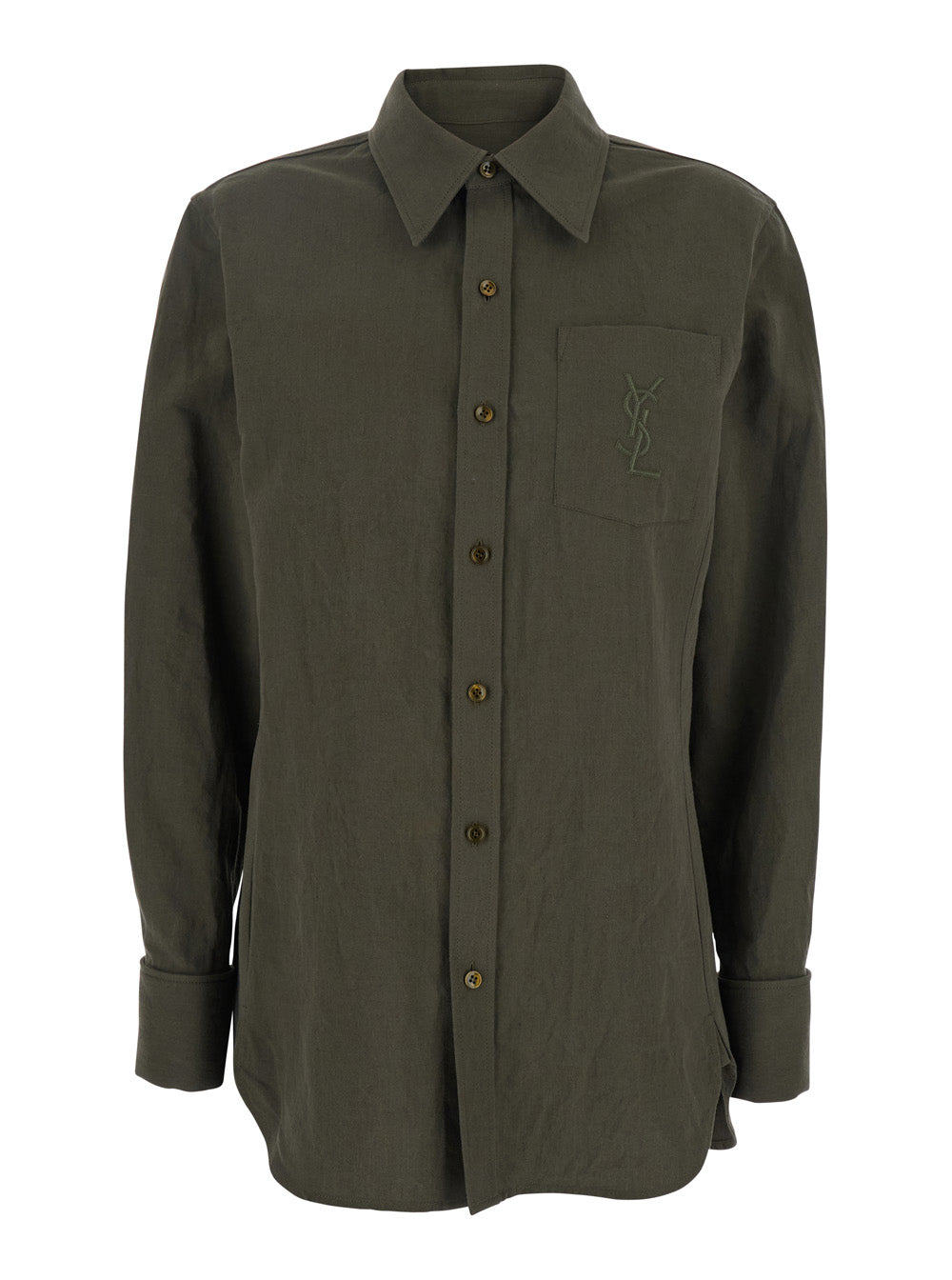 Saint Laurent Women Green Shirt With Classic Collar And Cassandre Embroidery On The Front In Linen And Cotton Blend Woman