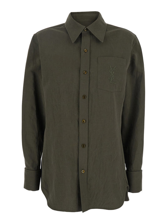 Saint Laurent Women Green Shirt With Classic Collar And Cassandre Embroidery On The Front In Linen And Cotton Blend Woman
