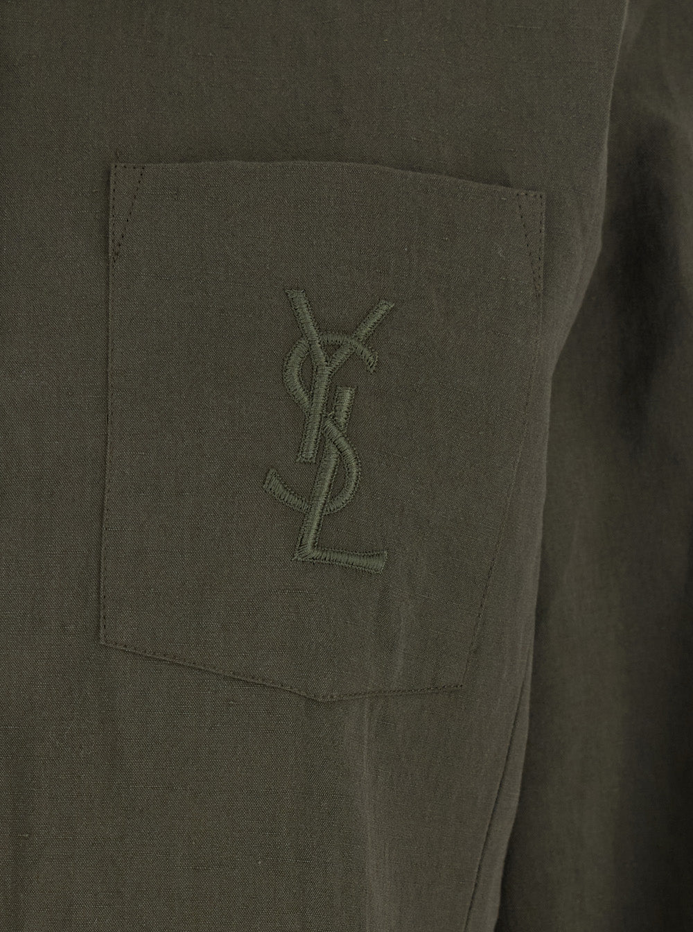 Saint Laurent Women Green Shirt With Classic Collar And Cassandre Embroidery On The Front In Linen And Cotton Blend Woman