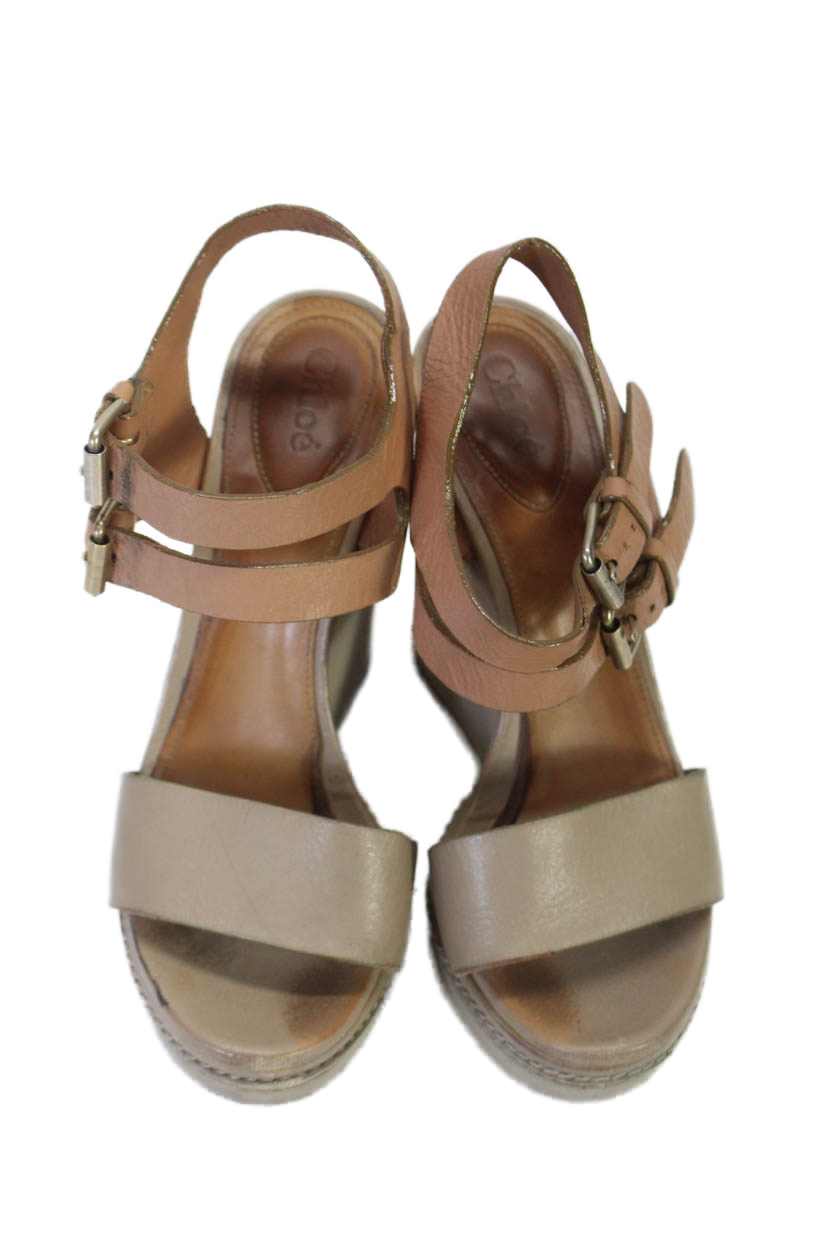 Chloe Womens Two Tone Brown Ankle Strap High Heels Wedge Sandals Shoes