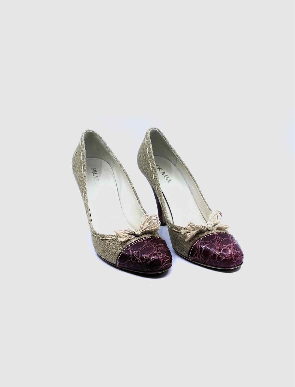 PRADA Size 9 Red, Beige Canvas Crocodile Solid Pumps