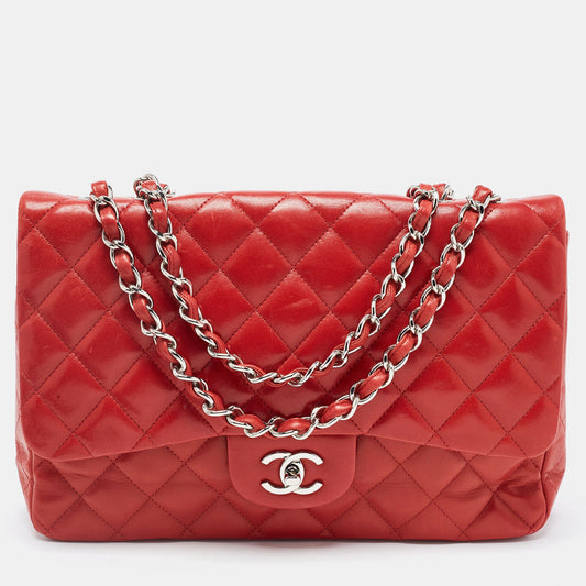 Chanel Red Quilted Leather Jumbo Classic Single Flap Bag