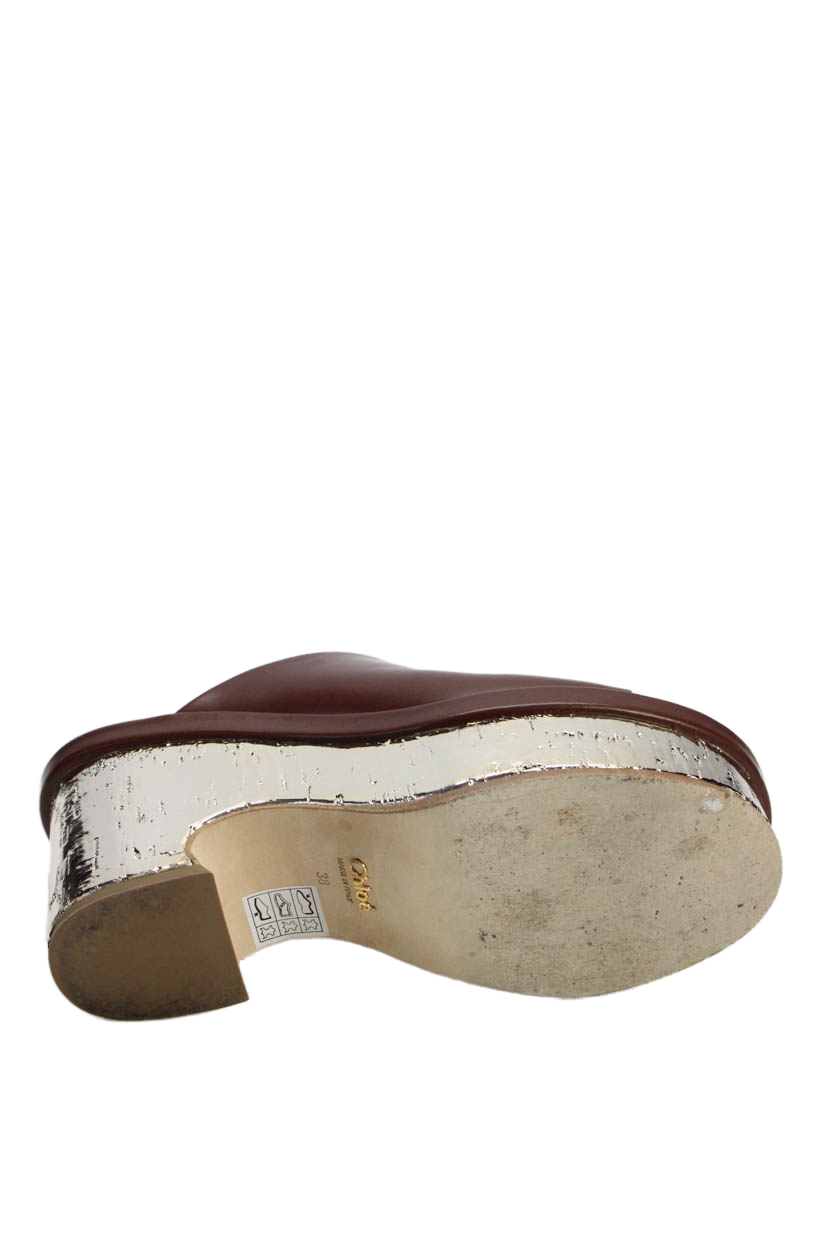 Chloe Womens Metallic Block Heel Platform Slide Mule Sandals Brown Leather 38