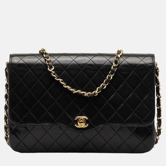 Chanel Black Leather CC Quilted Leather Flap Bag