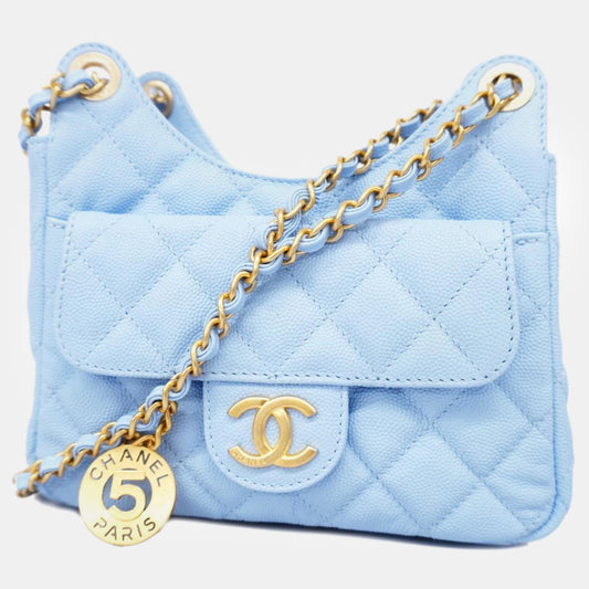 Chanel Light Blue Caviar Quilted Small Wavy CC Hobo