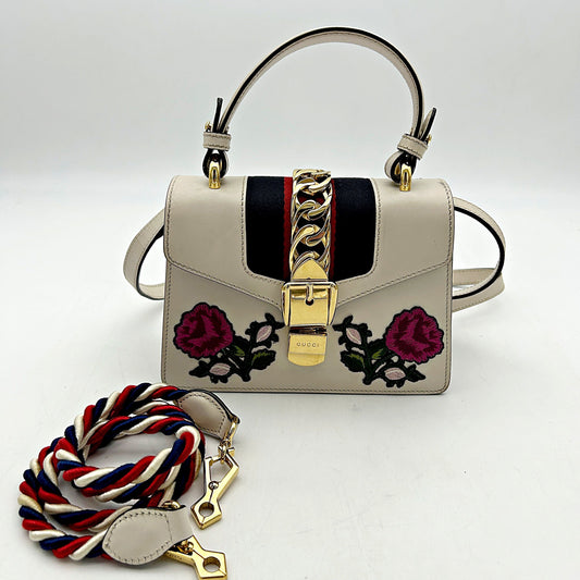 GUCCI Mini Sylvie Top Handle Bag Floral Ivory LA27140