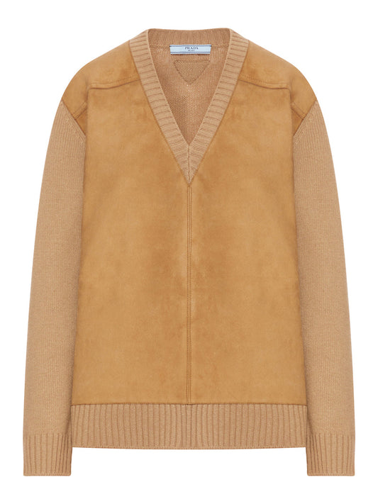 Prada Women Wool And Cashmere Sweater With Suede Inserts