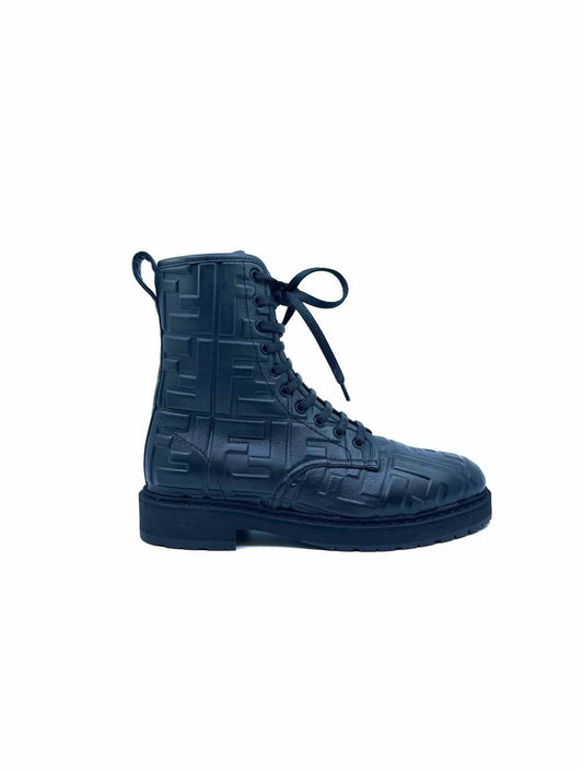 FENDI Combat Size 6 Black Leather Monogram Ankle Boot