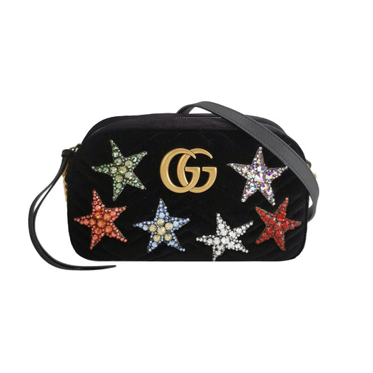 Preloved Gucci GG Marmont Small Leather and Suede Star Pattern GG Logo Crossbody Bag 250421781159465