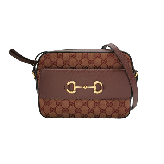 Preloved Gucci 1955 Small Leather and Canvas GG Monogram Horsebit Camera Crossbody Bag 24031978647668