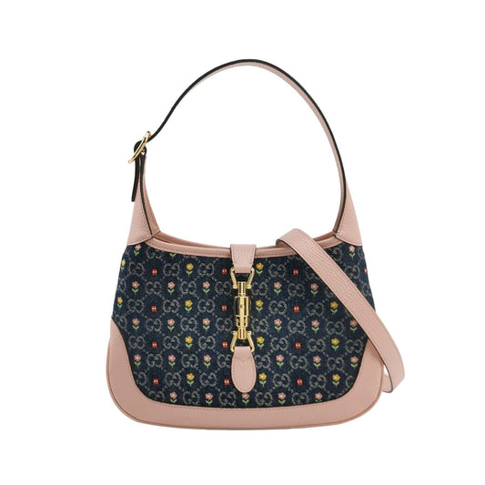 Preloved Gucci Jackie 1961 Small Leather Denim Floral Print Lock Shoulder Bag 250530781215441