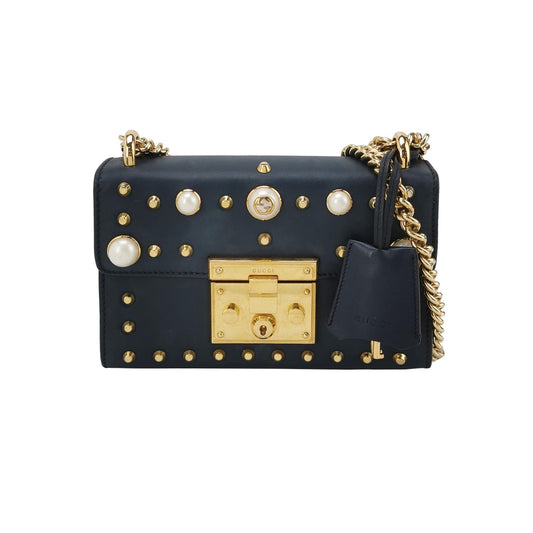Preloved Gucci Padlock Small Leather Shoulder Bag with Pearl Studs and Lock 250602781219804