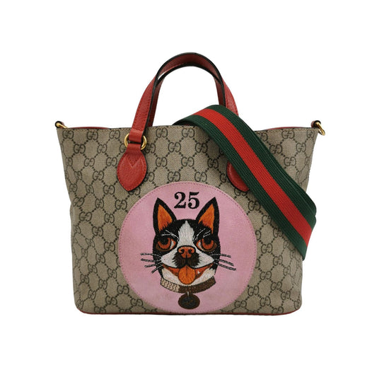 Preloved Gucci GG Supreme Canvas and Suede Shoulder Bag with Dog Pattern 250602781218484