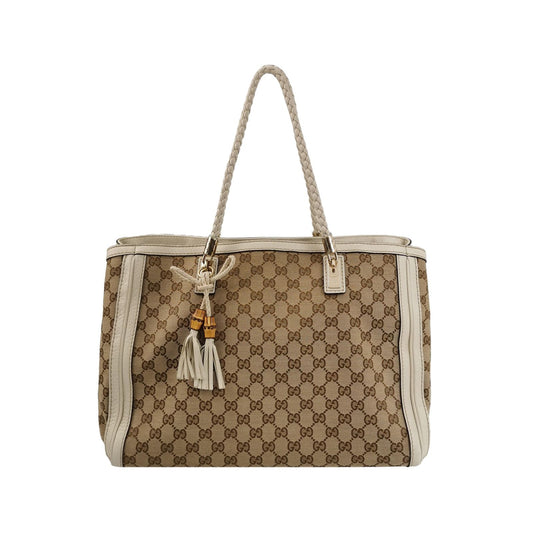 Preloved Gucci Bella Series Leather Canvas GG Monogram Woven Handle Shoulder Bag 250527781210864