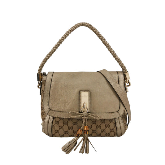 Preloved Gucci Bella Series Leather Canvas GG Monogram Woven Handle Shoulder Bag 24121378982157