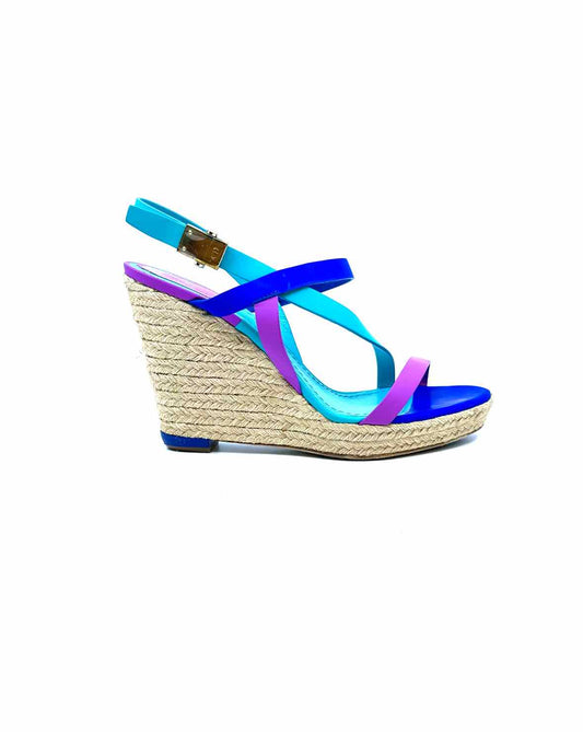 CHRISTIAN DIOR Size 10 Blue, Purple Leather Color Block Wedge
