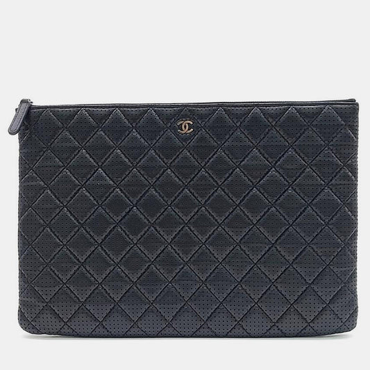 Chanel Black Perforated Leather Large Clutch Bag