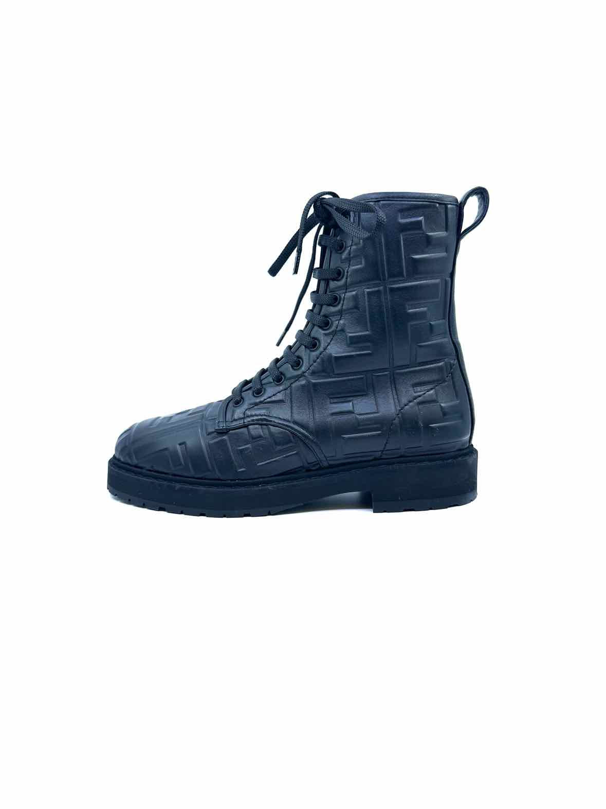FENDI Combat Size 6 Black Leather Monogram Ankle Boot