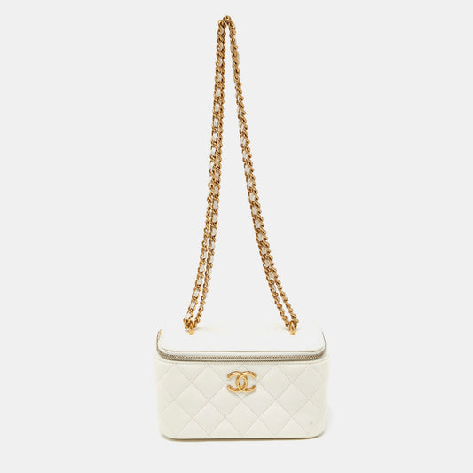 Chanel Off White Quilted Leather Vanity Case Chain Bag