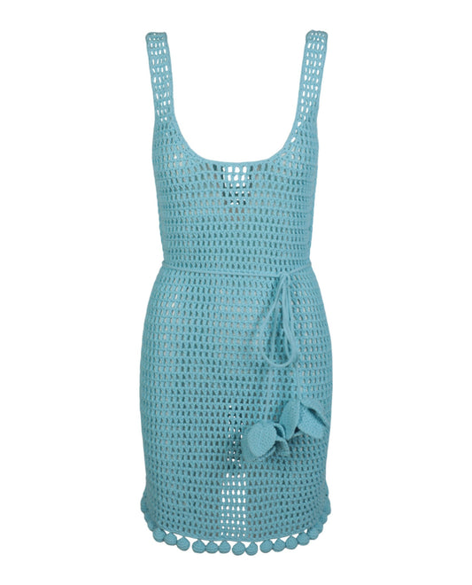Burberry Womens Crochet-Knit Belted-Waist Sleeveless Dress Blue