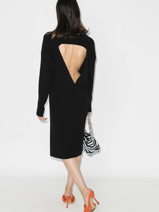 Bottega Veneta Cut Out Knee Length Sweater Dress Regular 6 (S) Black