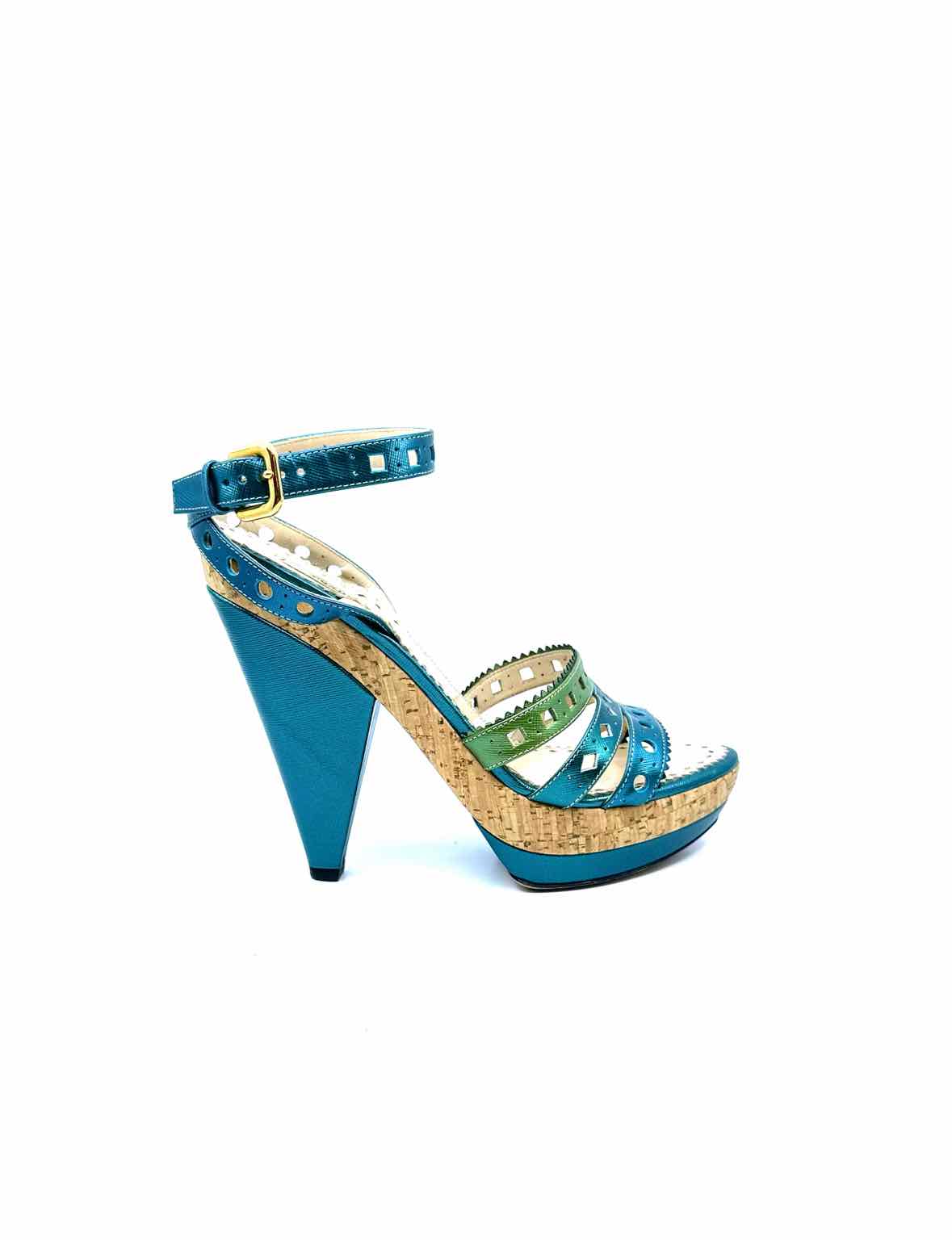 PRADA Size 10 Blue, Green Leather Metallic Eyelet Sandals