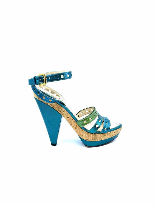 PRADA Size 10 Blue, Green Leather Metallic Eyelet Sandals