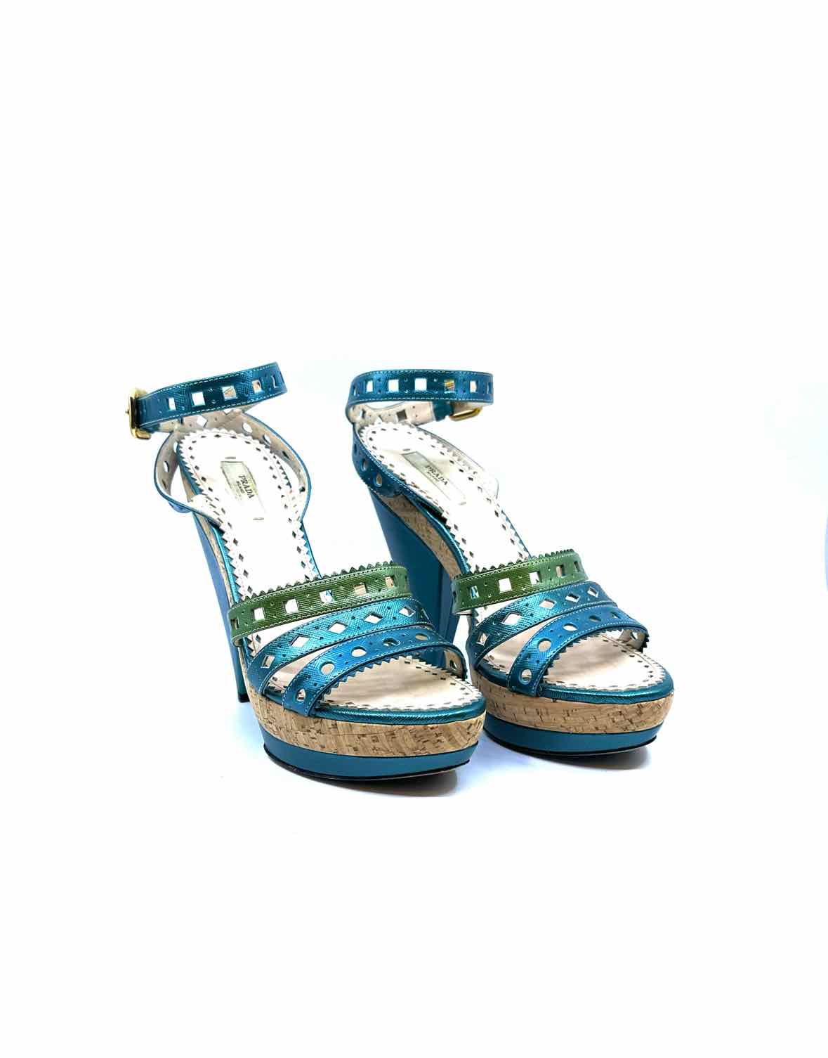PRADA Size 10 Blue, Green Leather Metallic Eyelet Sandals