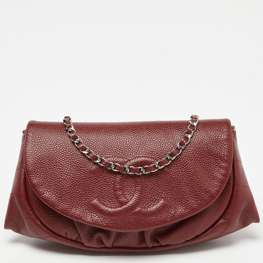 Chanel Red Quilted Caviar Leather Half Moon Wallet On Chain