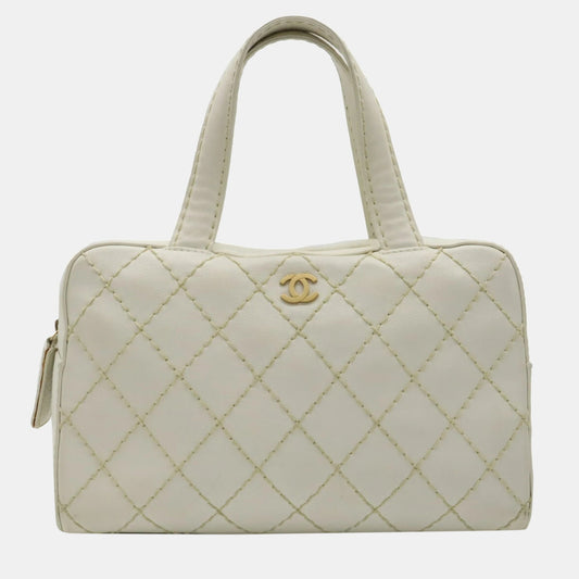 Chanel  Leather White  Wild Stitch Handbag Boston Bag