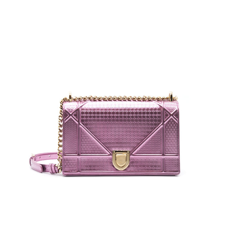 CHRISTIAN DIOR Metallic Calfskin Micro-Cannage Diorama Medium Flap Bag Pink