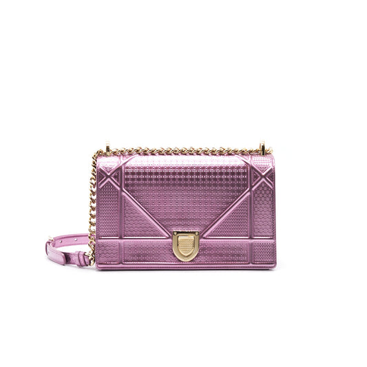 CHRISTIAN DIOR Metallic Calfskin Micro-Cannage Diorama Medium Flap Bag Pink