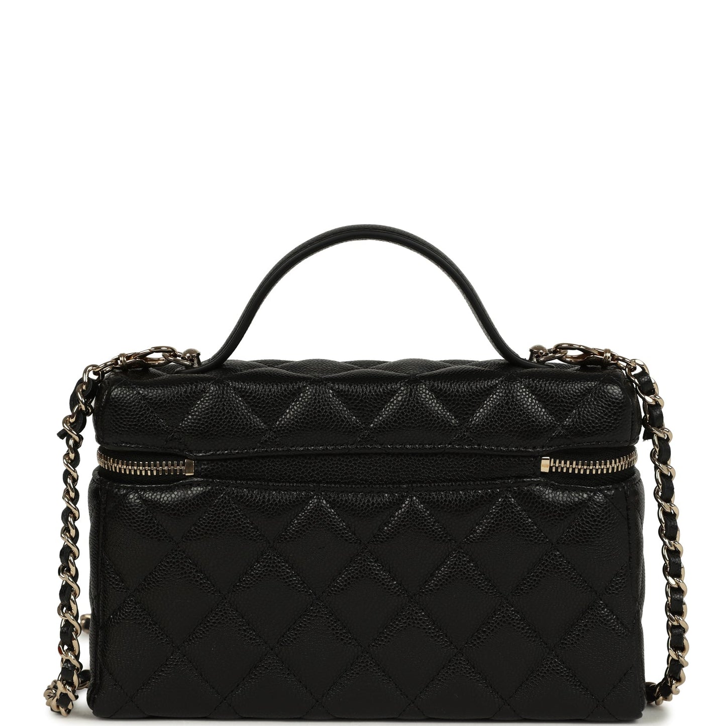 Chanel Top Handle Long Vanity Case with Chain Black Shiny Caviar Light Gold Hardware