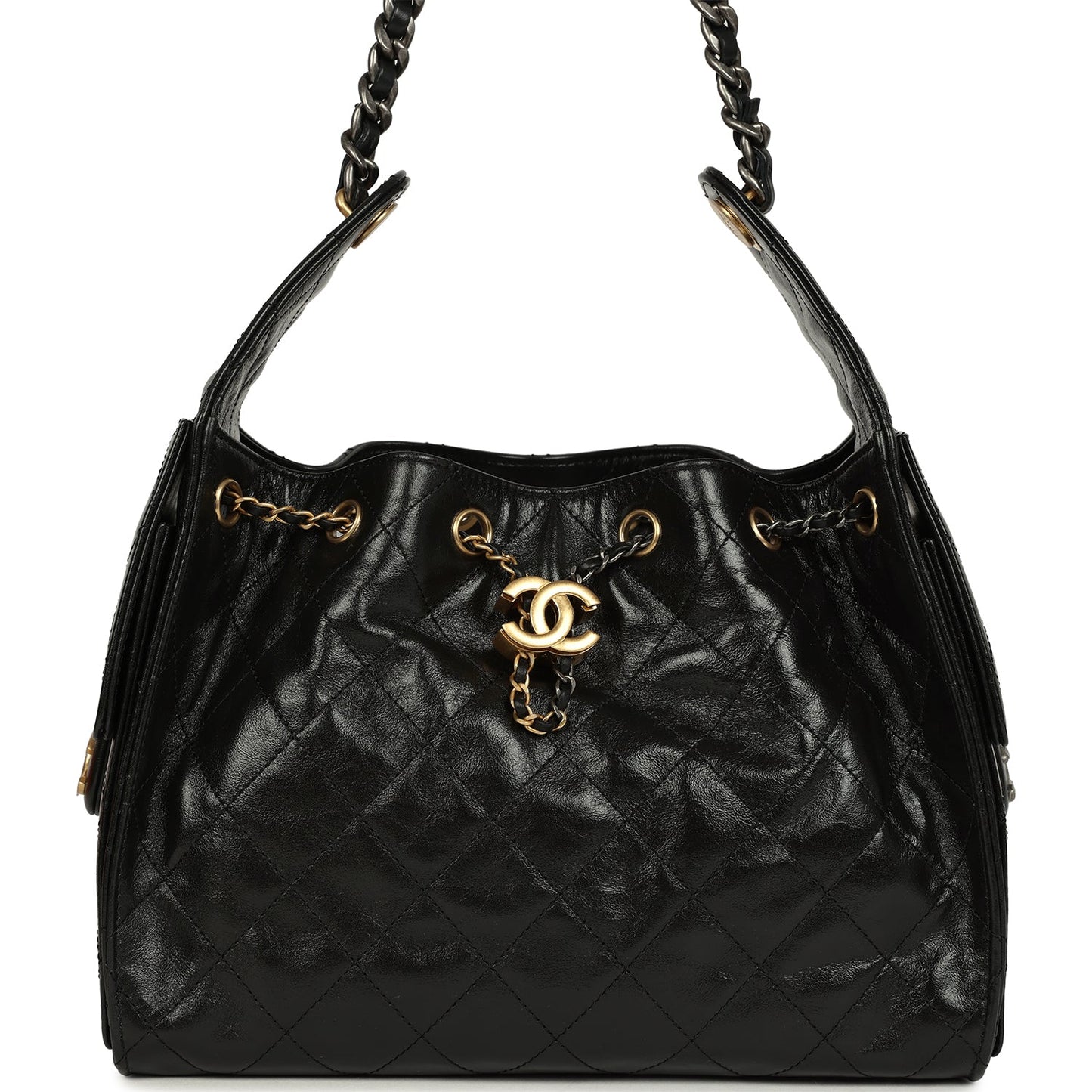 Chanel Small 25 Hobo Bag Black Shiny Crumpled Calfskin Mixed Metal Hardware