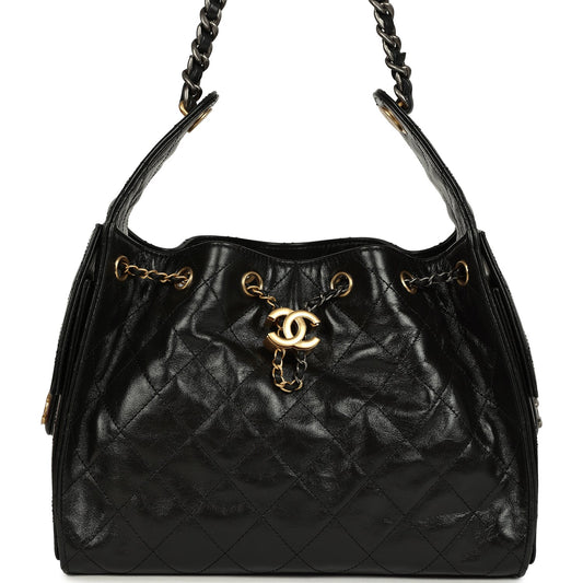 Chanel Small 25 Hobo Bag Black Shiny Crumpled Calfskin Mixed Metal Hardware