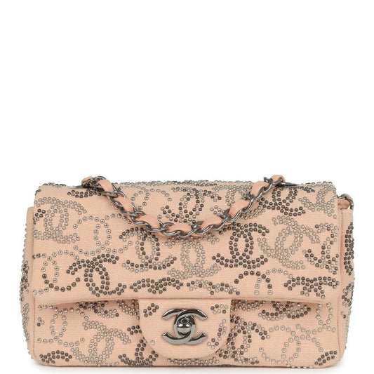 Chanel Mini CC Studded Rectangular Flap Bag Light Pink Canvas Ruthenium Hardware