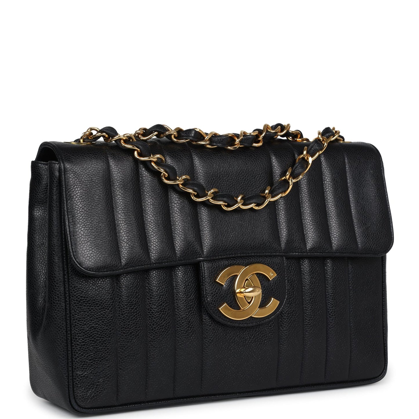Vintage Chanel XL Jumbo Classic Mademoiselle Vertical Flap Black Caviar Gold Hardware