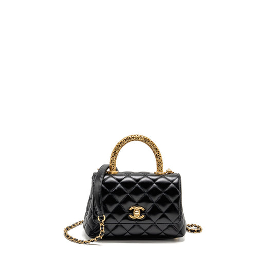 Chanel Detailed Metal Top Handle Mini Coco Handle Flap Bag Shiny Calfskin Black GHW (Microchip)