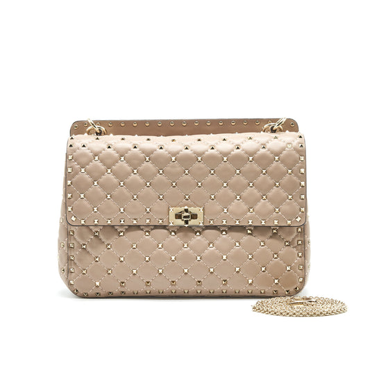 VALENTINO GARAVANI LARGE ROCKSTUD SPIKE SHOULDER BAG BEIGE LGHW