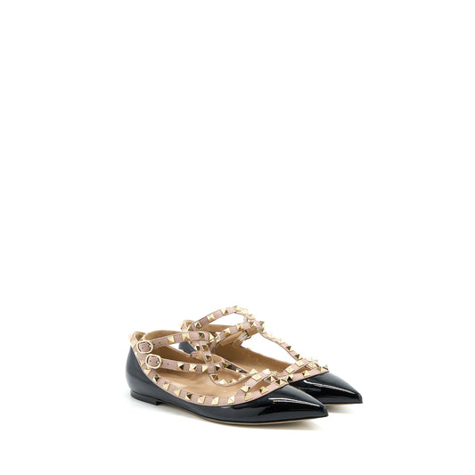 Valentino Size 38 Garavani Rockstud Ballet Flat Caged Patent Black LGHW