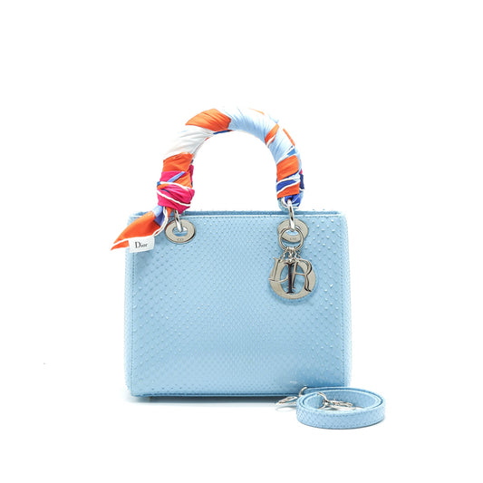 CHRISTIAN DIOR PYTHON MEDIUM LADY DIOR BAG SKYBLUE WITH SMALL SCARF
