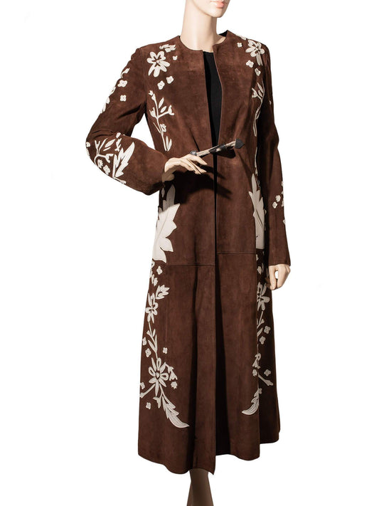 Dolce & Gabbana Couture Suede Leather Embroidered Coat Brown