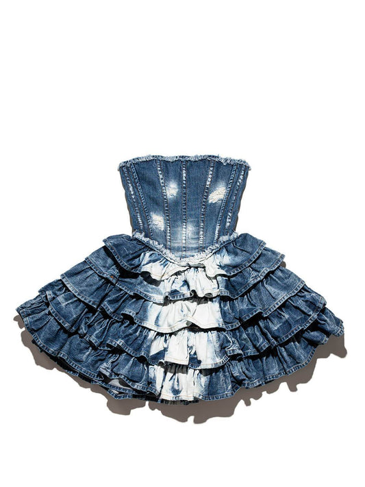 Dolce & Gabbana Denim Sleeveless Ruffle Mini Dress Blue