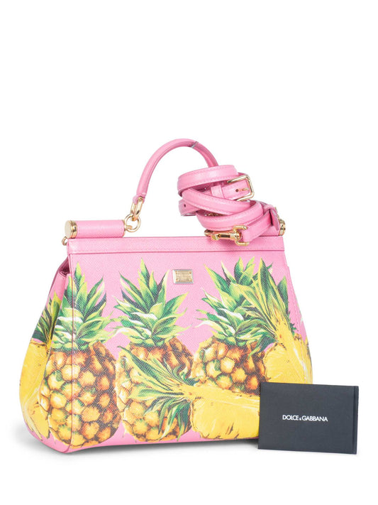Dolce & Gabbana Logo Pineapple Leather Miss Sicily Bag Pink Yellow