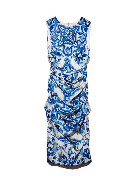 Dolce & Gabbana Silk Midi Ruched Floral Dress Blue
