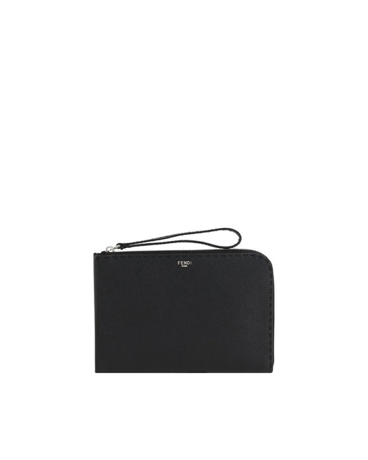 Fendi 7N0153 Pebble Leather Clutch Men Black Bags ONE SIZE Black