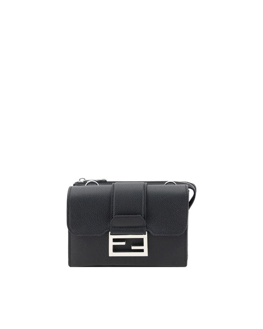 Fendi Pebbled Leather Crossbody Bag Men Black Shoulder Bags ONE SIZE Black