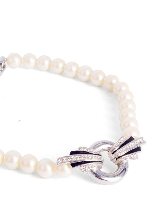 Givenchy Vintage Pearl Black Enamel Crystal Artdeco Necklace White